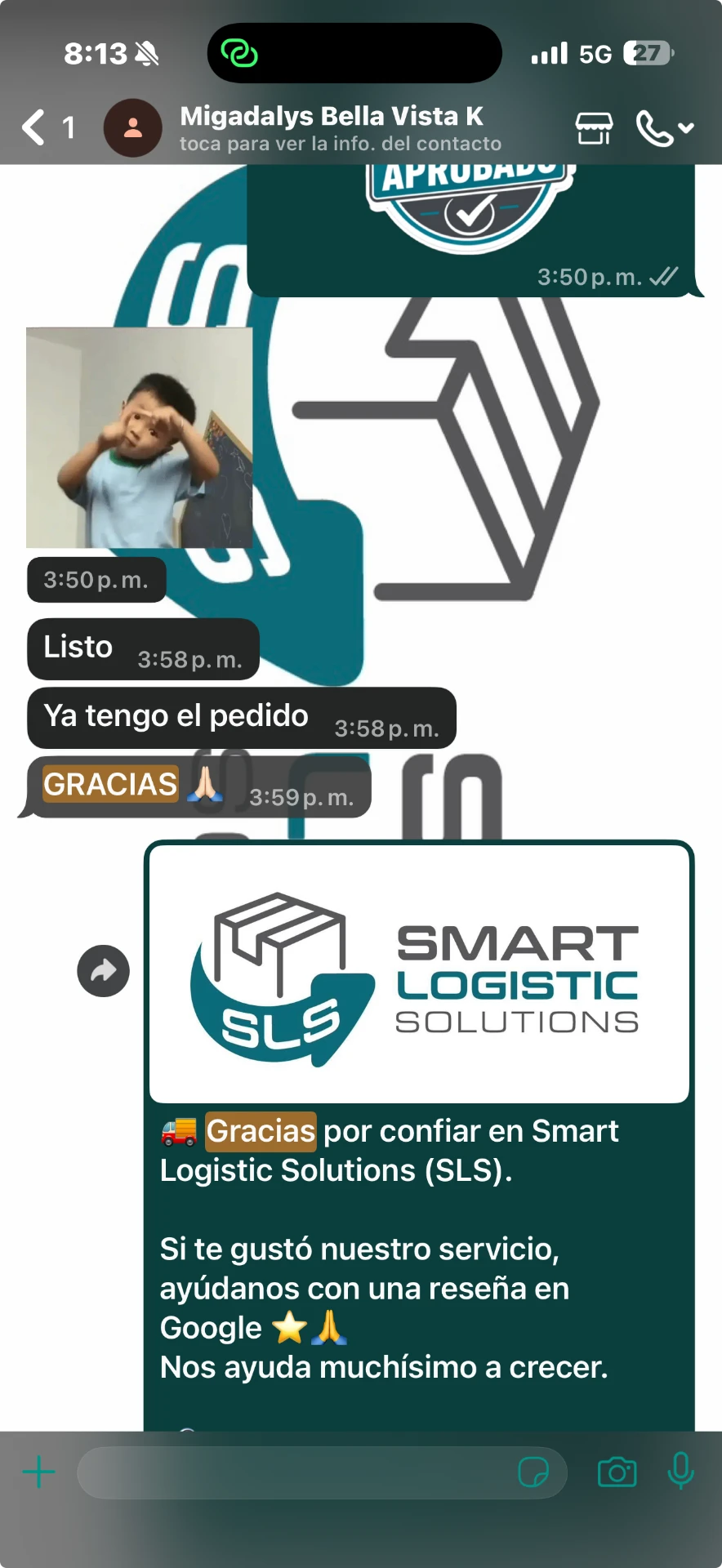 Cliente agradeciendo la entrega recibida