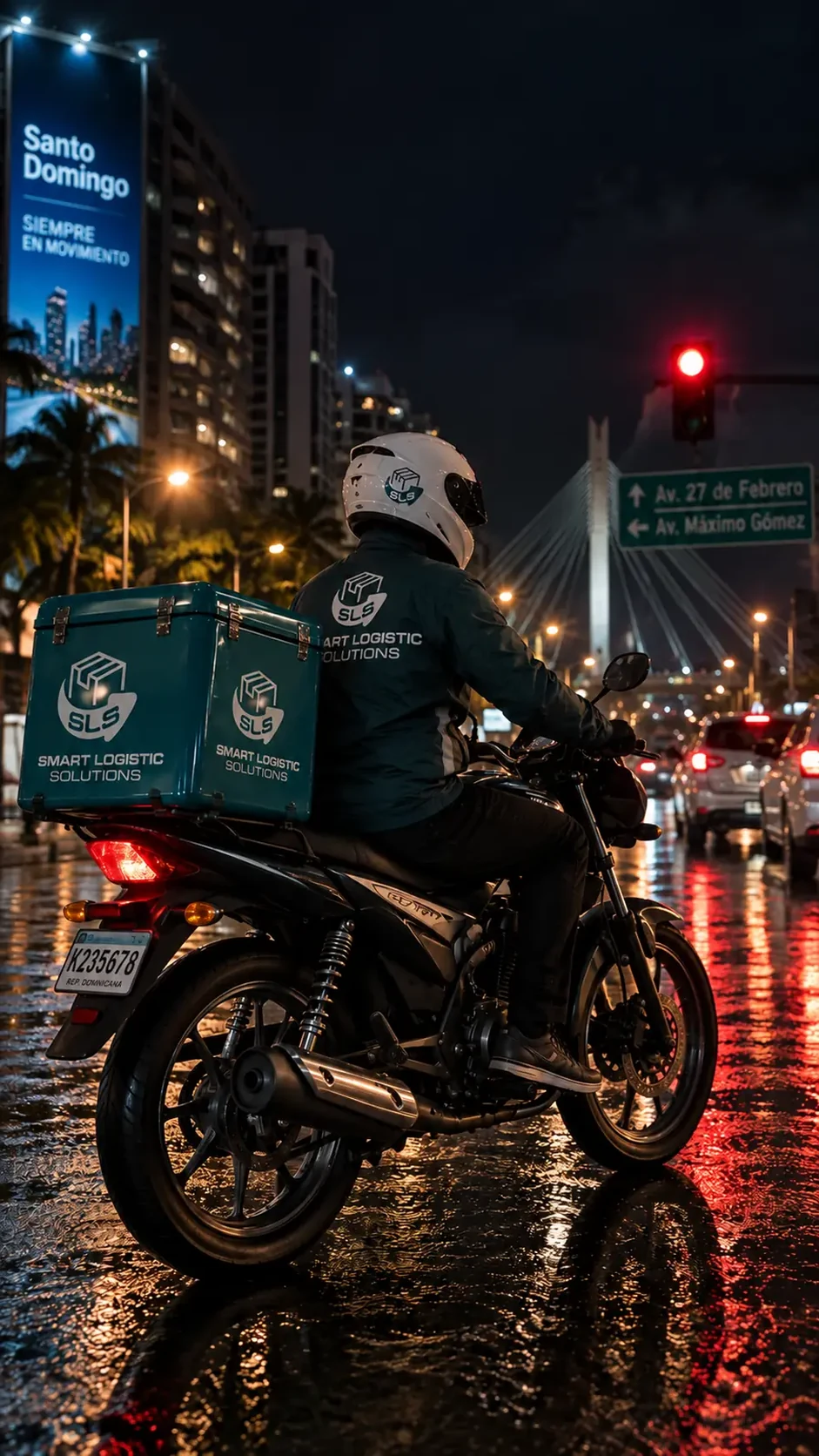 Motorizado de Smart Logistic Solutions en una calle de Santo Domingo de noche